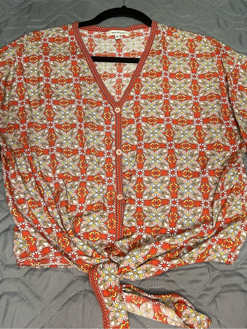 Max Studio Tile-Print Tie-Hem Button-Down flare short sleeve boho western indie